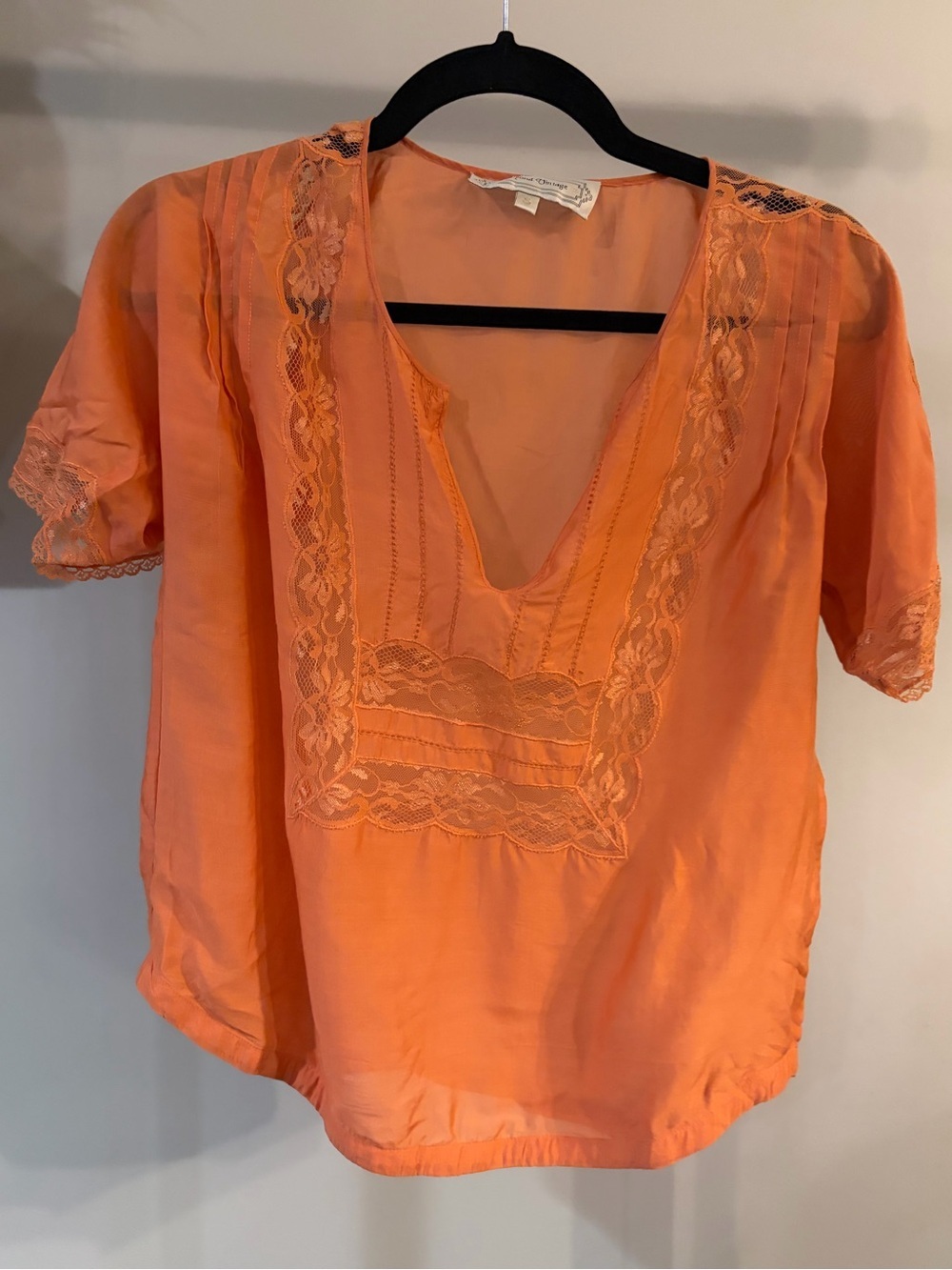 Beyond Vintage Lace-Trim V-Neck Blouse in Orange womens silk blend size small